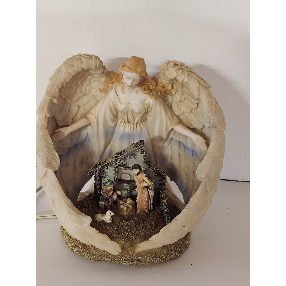 Lighted Angel Watching Over Holy Family Nativity Scene Christmas Figurine Vtg